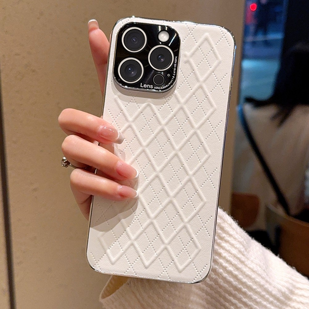 For iPhone 15 Pro Case Electroplated Silver Edge Rhombus Pattern PC + PU Leather Phone Back Cover - White