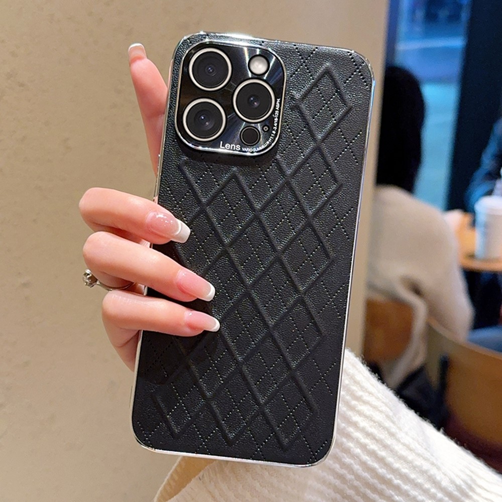 For iPhone 15 Pro Case Electroplated Silver Edge Rhombus Pattern PC + PU Leather Phone Back Cover - Black
