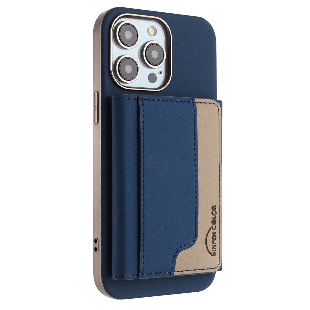 BINFEN COLOR BF37 For iPhone 16 Pro Max Case Color Splicing Magnetic Card Holder Leather Back Cover - Dark Blue