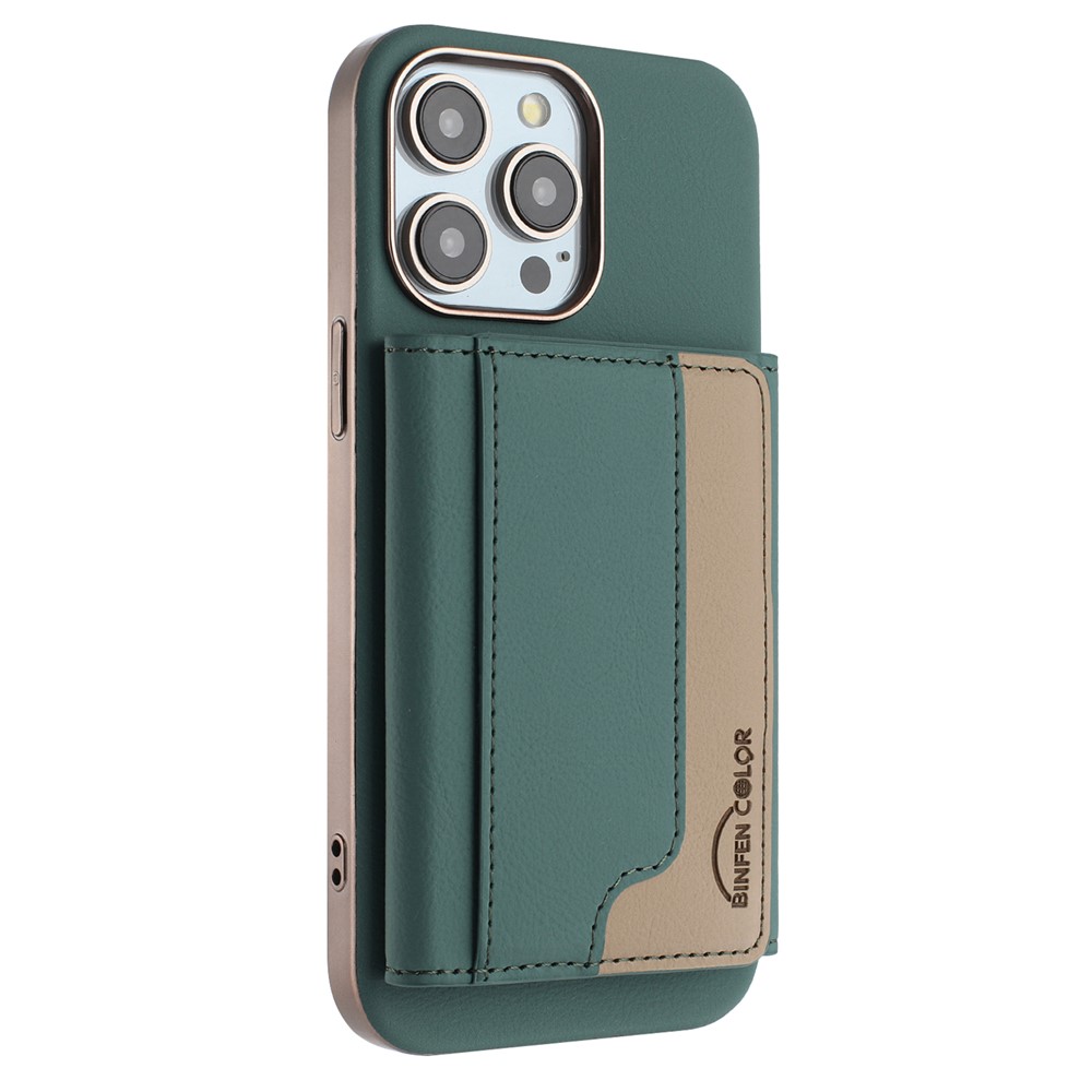 BINFEN COLOR BF37 For iPhone 16 Pro Max Case Color Splicing Magnetic Card Holder Leather Back Cover - Green
