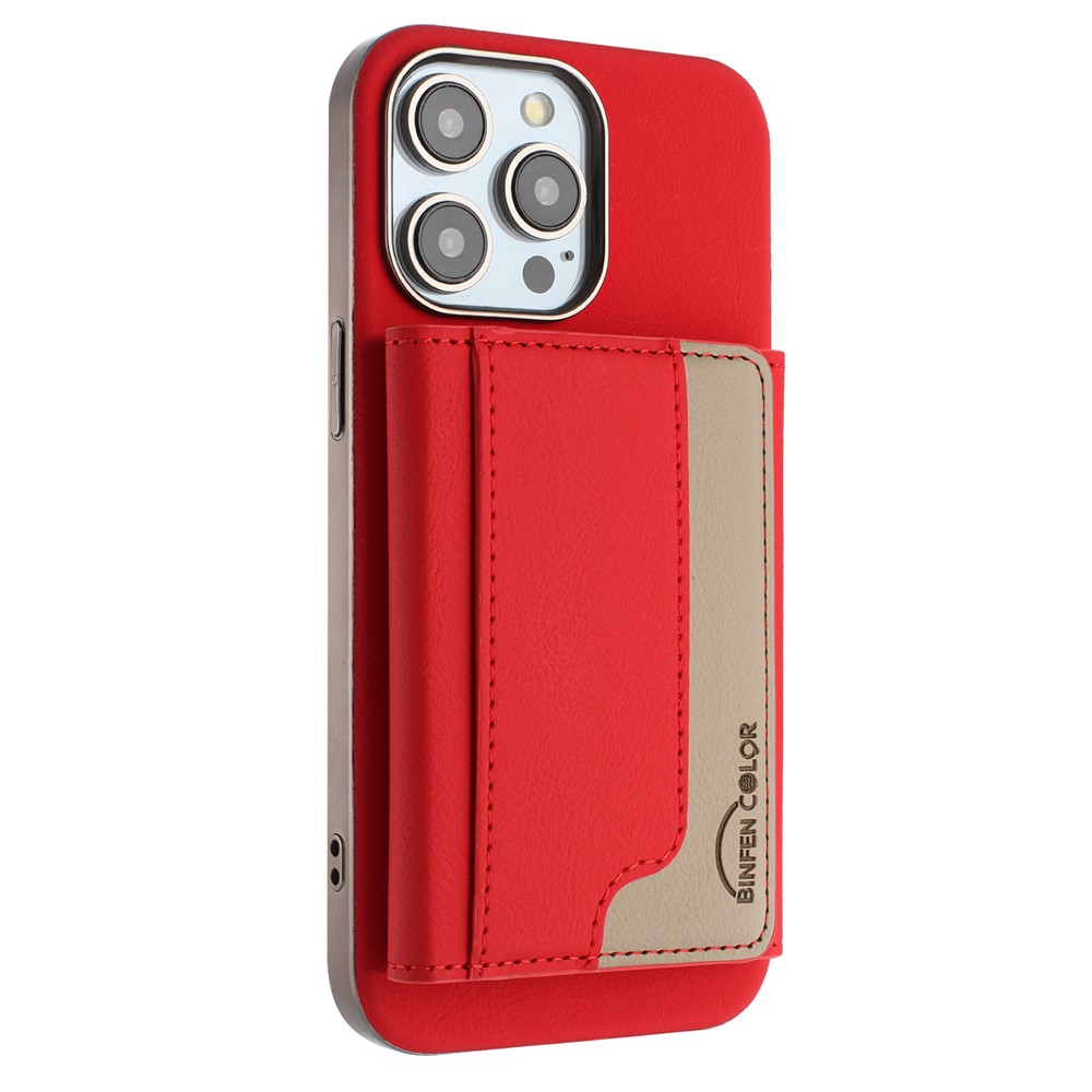 BINFEN COLOR BF37 For iPhone 16 Pro Max Case Color Splicing Magnetic Card Holder Leather Back Cover - Red