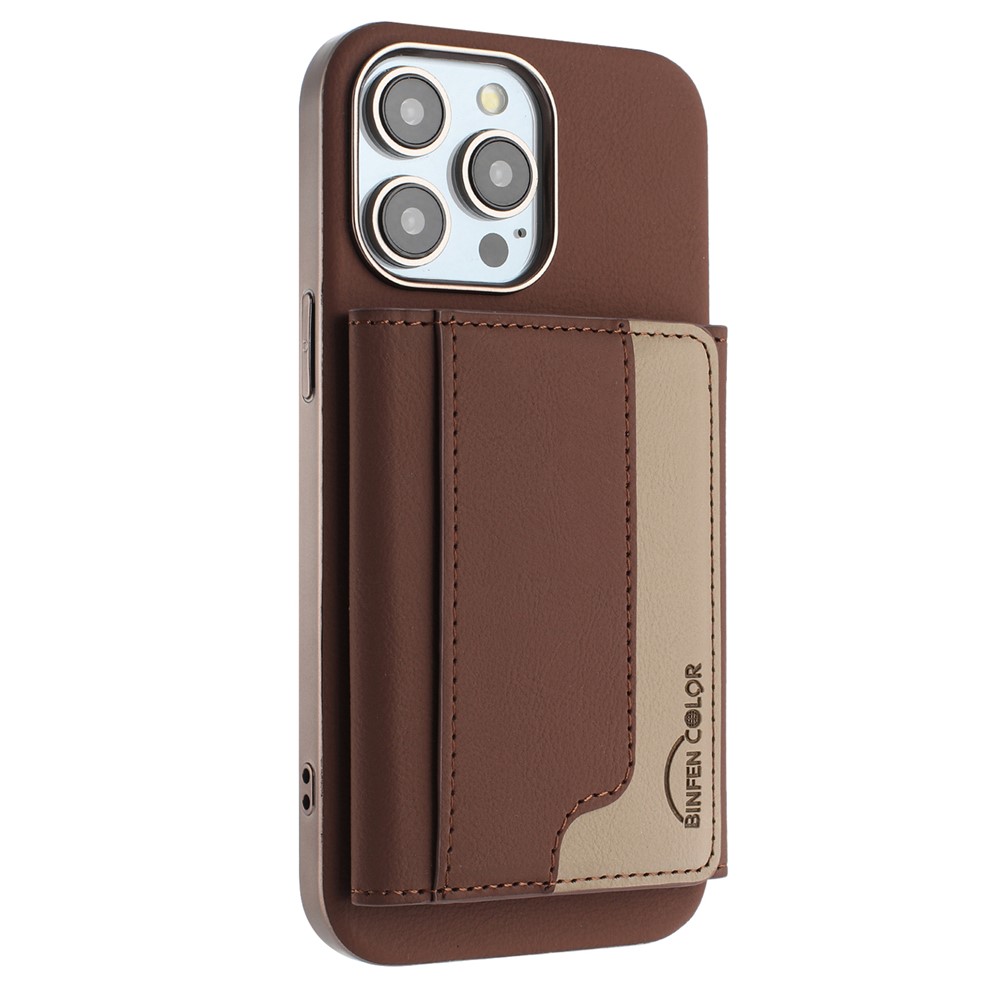 BINFEN COLOR BF37 For iPhone 16 Pro Max Case Color Splicing Magnetic Card Holder Leather Back Cover - Brown