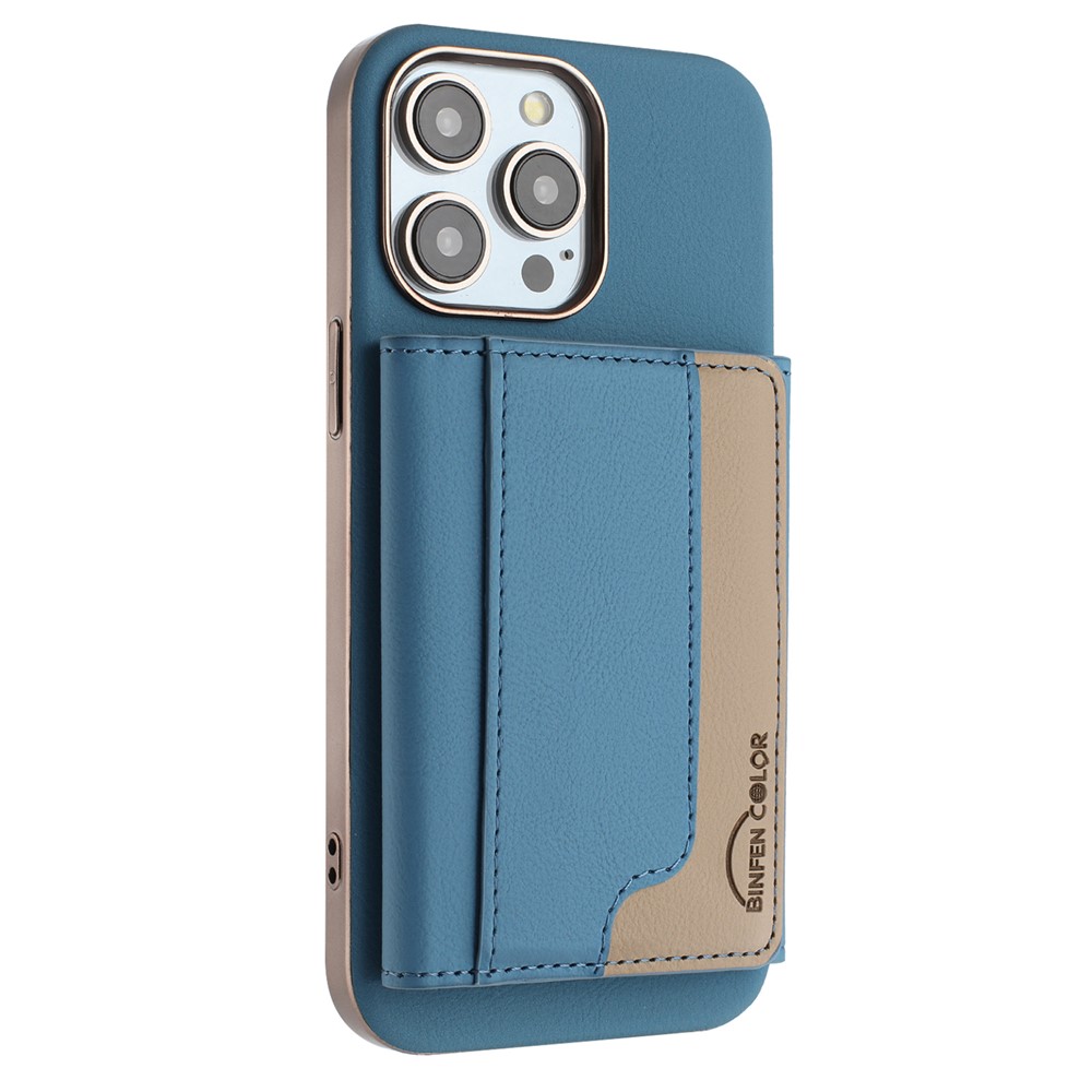 BINFEN COLOR BF37 For iPhone 16 Pro Max Case Color Splicing Magnetic Card Holder Leather Back Cover - Baby Blue