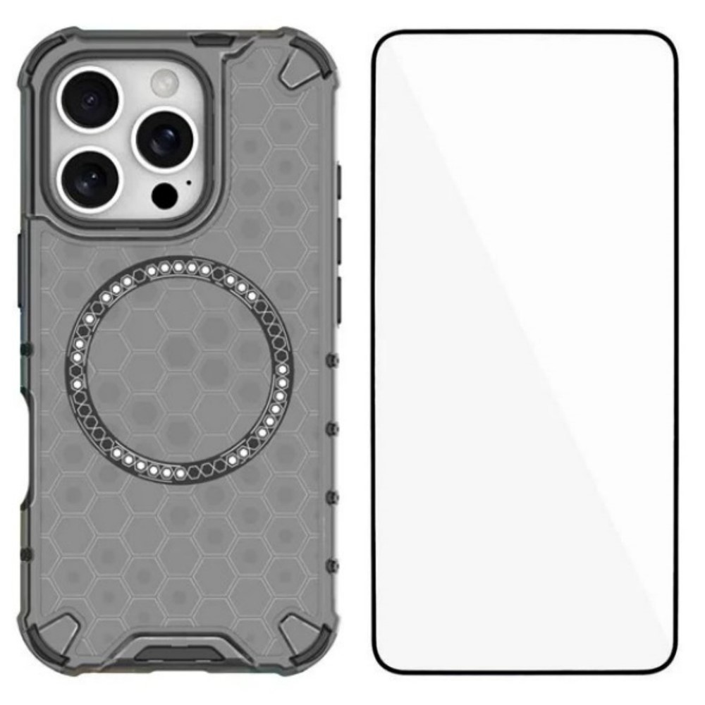 WANLONFENG FC Series For iPhone 16 Pro Max Case Compatible with MagSafe TPU + PC Phone Cover with Tempered Glass Film (Big Lens Hole) - Black