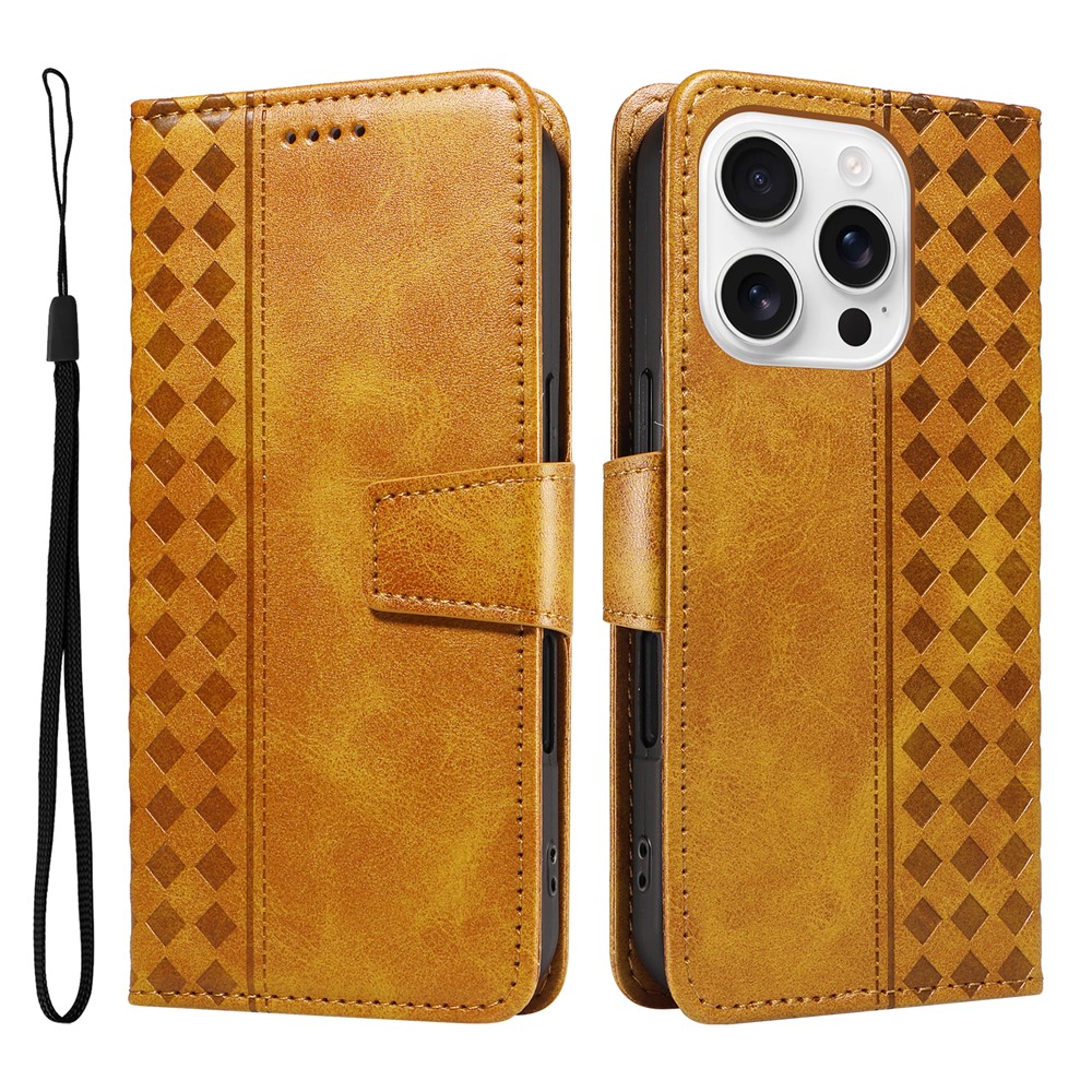 For iPhone 16 Pro Max Leather Case Wallet Stand Grids Imprinted Phone Cover with Strap - Yellow