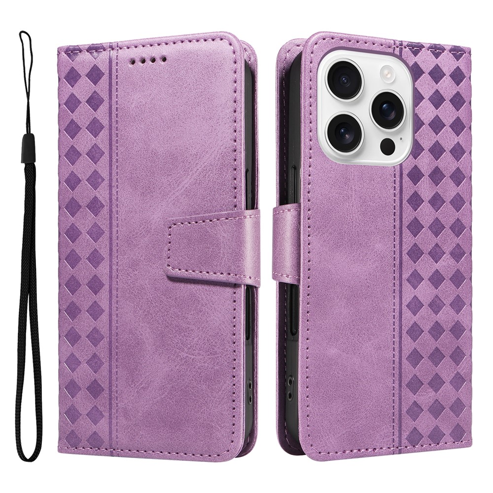 For iPhone 16 Pro Max Leather Case Wallet Stand Grids Imprinted Phone Cover with Strap - Light Purple