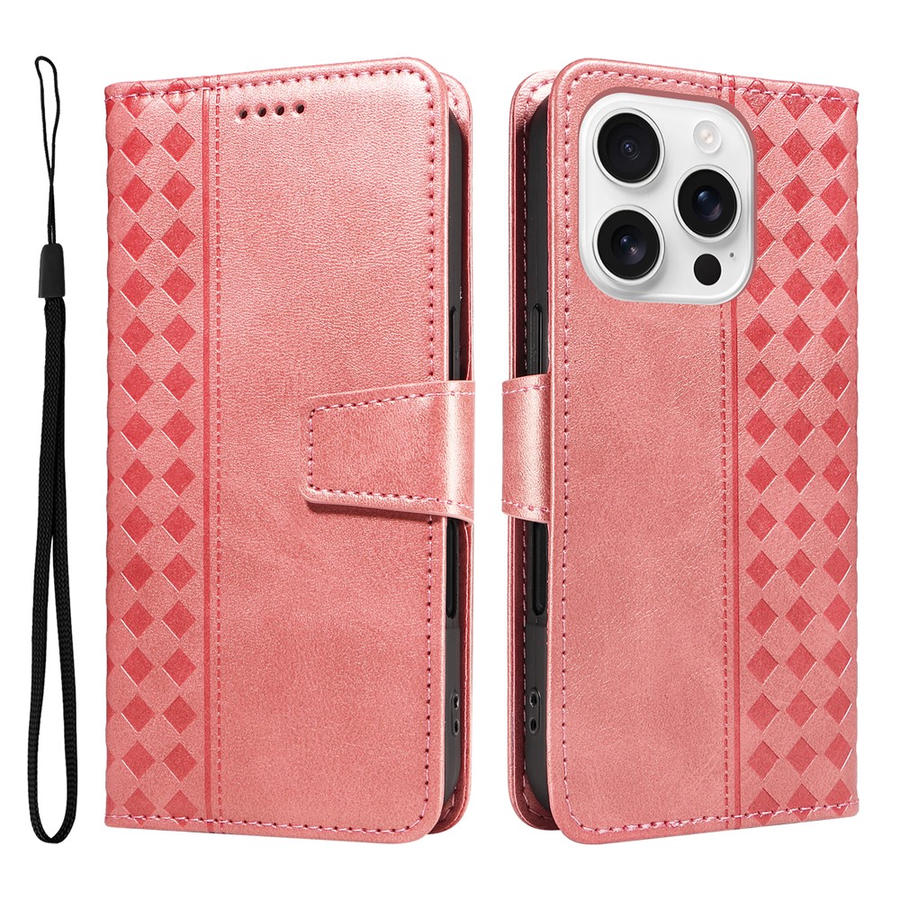 For iPhone 16 Pro Max Leather Case Wallet Stand Grids Imprinted Phone Cover with Strap - Rose Gold