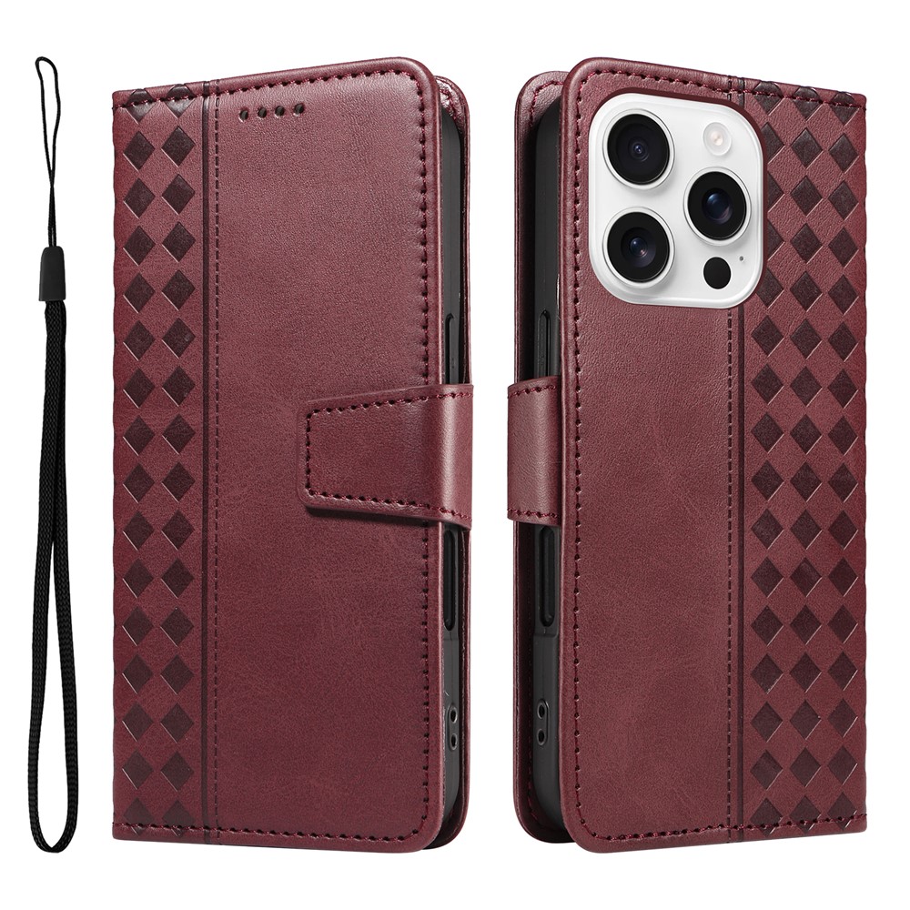 For iPhone 16 Pro Max Leather Case Wallet Stand Grids Imprinted Phone Cover with Strap -  Wine Red