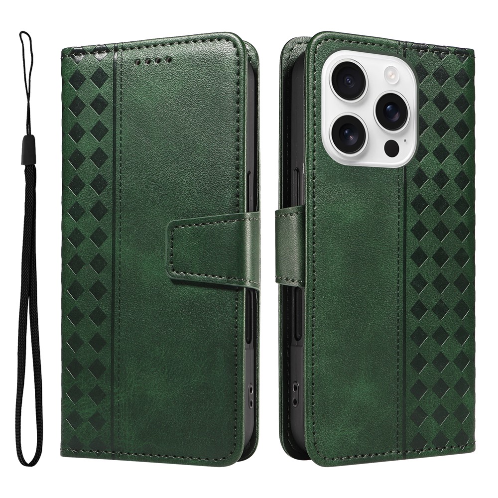 For iPhone 16 Pro Max Leather Case Wallet Stand Grids Imprinted Phone Cover with Strap - Green