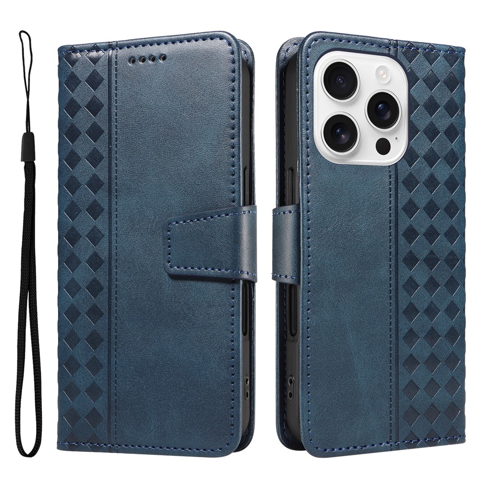 For iPhone 16 Pro Max Leather Case Wallet Stand Grids Imprinted Phone Cover with Strap - Blue