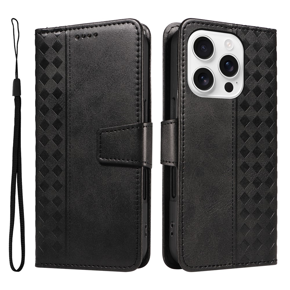 For iPhone 16 Pro Max Leather Case Wallet Stand Grids Imprinted Phone Cover with Strap - Black
