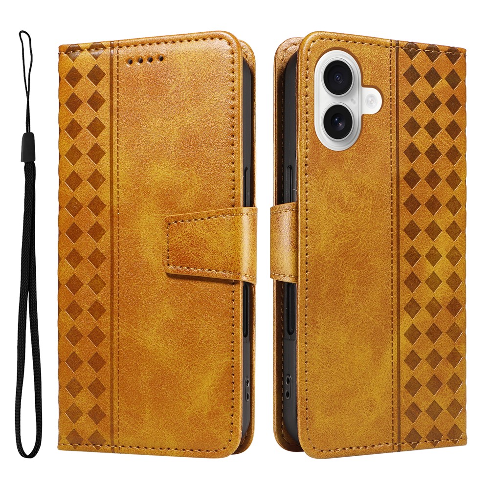 For iPhone 16 Plus Leather Case Wallet Stand Grids Imprinted Phone Cover with Strap - Yellow