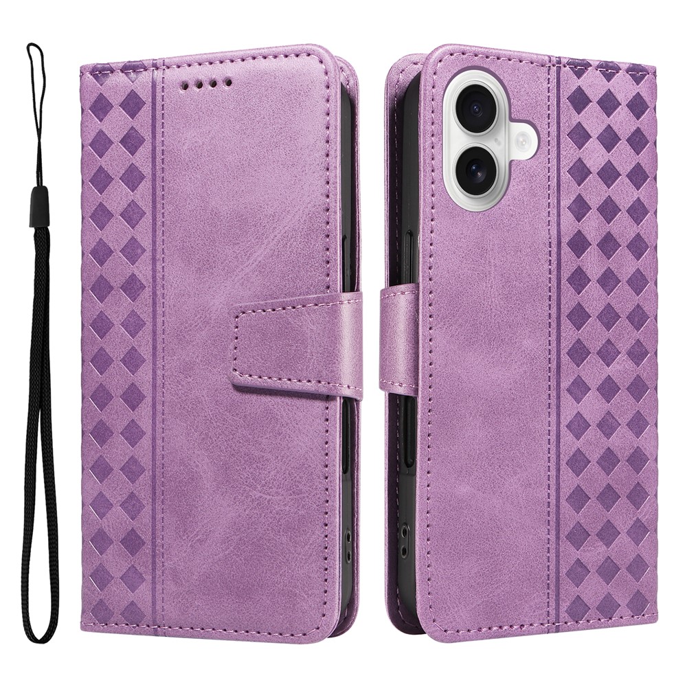 For iPhone 16 Plus Leather Case Wallet Stand Grids Imprinted Phone Cover with Strap - Light Purple