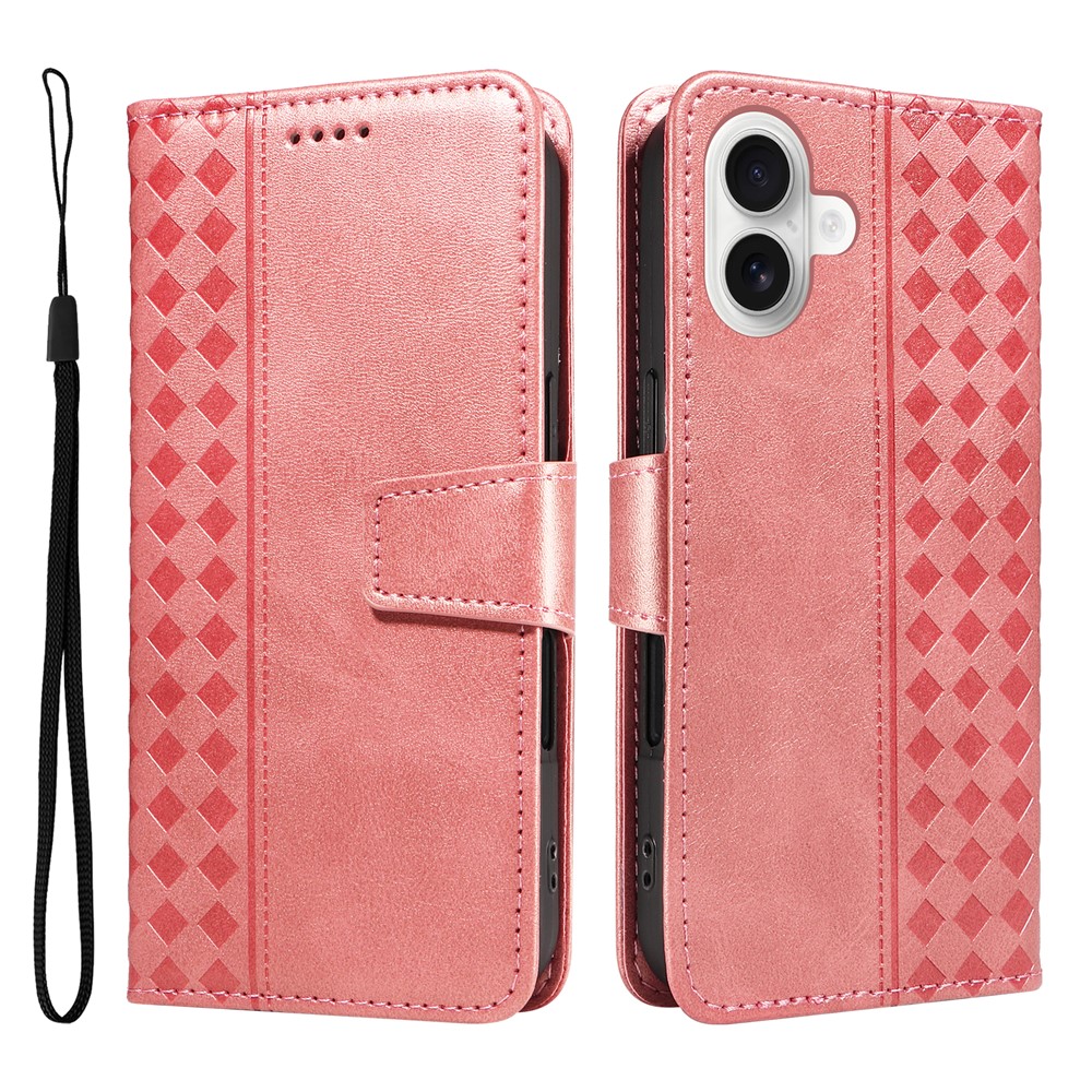 For iPhone 16 Plus Leather Case Wallet Stand Grids Imprinted Phone Cover with Strap - Rose Gold