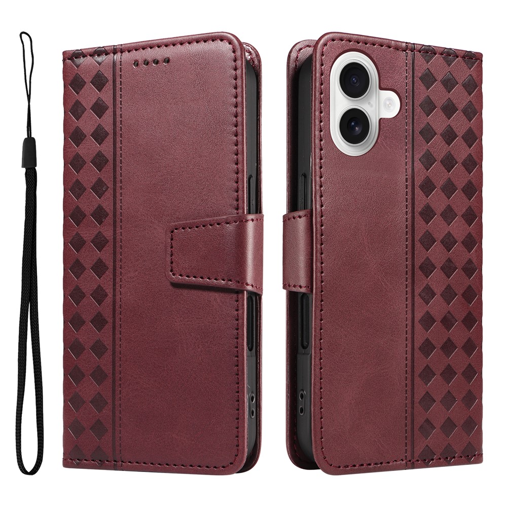 For iPhone 16 Plus Leather Case Wallet Stand Grids Imprinted Phone Cover with Strap - Wine Red