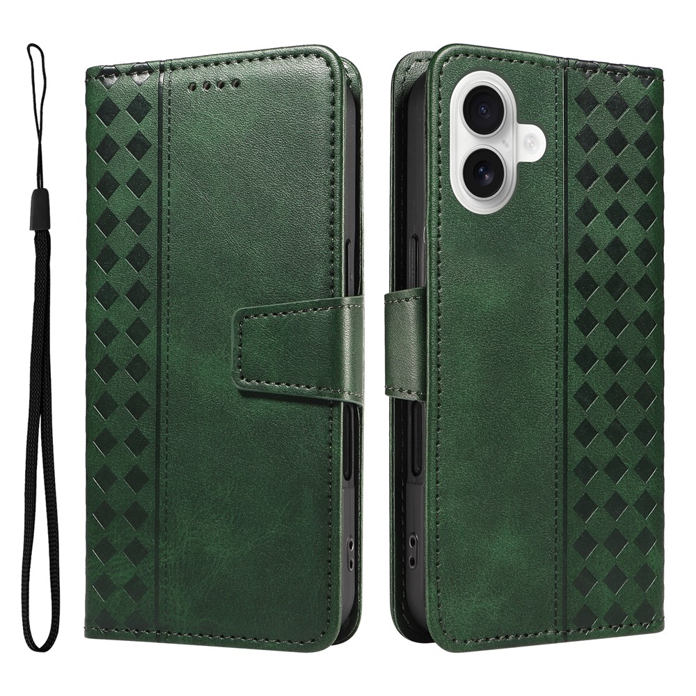 For iPhone 16 Plus Leather Case Wallet Stand Grids Imprinted Phone Cover with Strap - Green