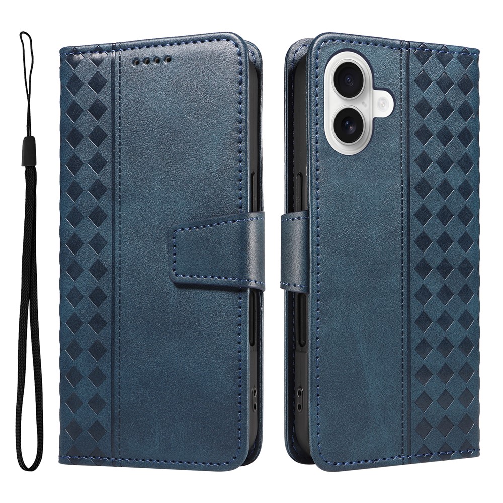 For iPhone 16 Plus Leather Case Wallet Stand Grids Imprinted Phone Cover with Strap - Blue