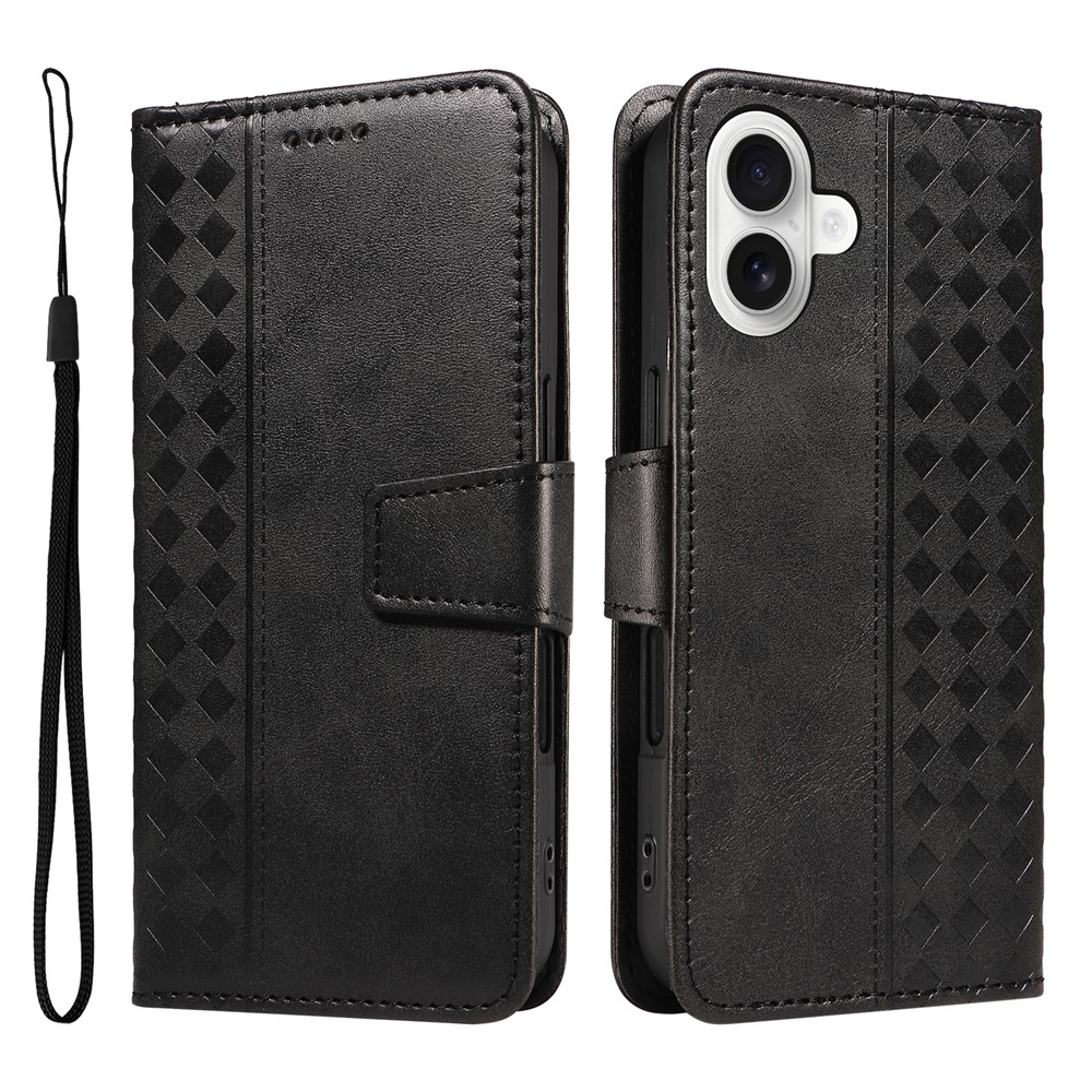 For iPhone 16 Plus Leather Case Wallet Stand Grids Imprinted Phone Cover with Strap - Black
