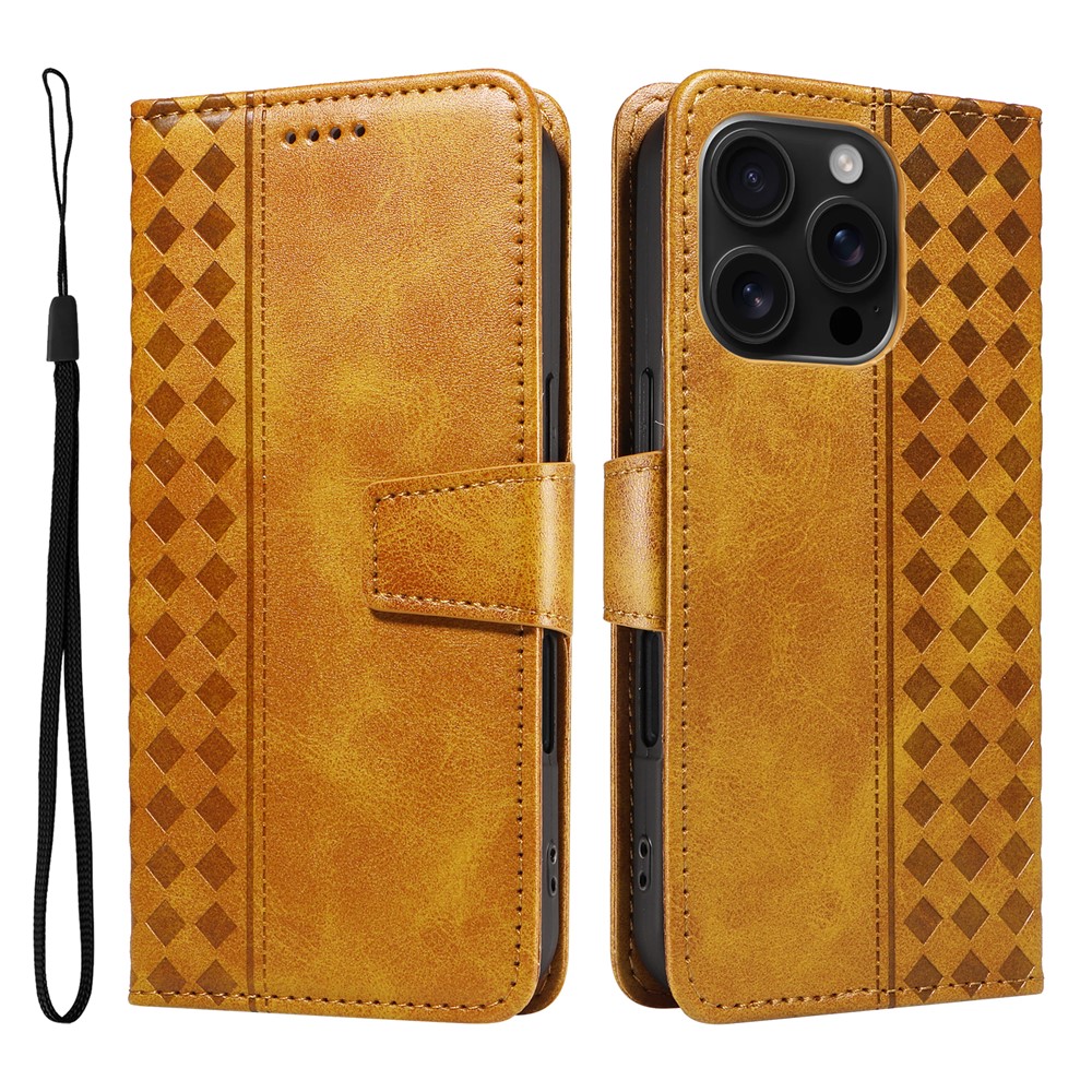 For iPhone 16 Pro Leather Case Wallet Stand Grids Imprinted Phone Cover with Strap - Yellow