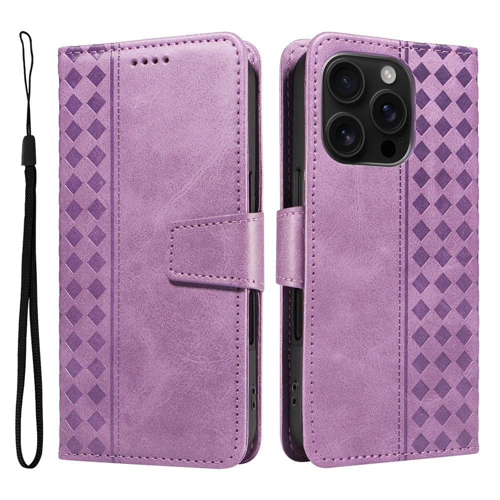 For iPhone 16 Pro Leather Case Wallet Stand Grids Imprinted Phone Cover with Strap - Light Purple