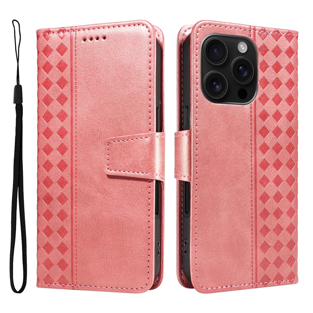 For iPhone 16 Pro Leather Case Wallet Stand Grids Imprinted Phone Cover with Strap - Rose Gold