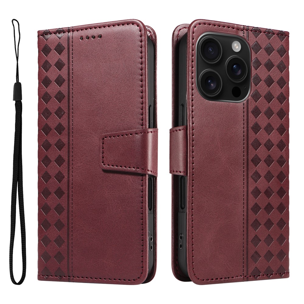 For iPhone 16 Pro Leather Case Wallet Stand Grids Imprinted Phone Cover with Strap -  Wine Red