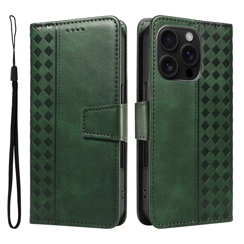 For iPhone 16 Pro Leather Case Wallet Stand Grids Imprinted Phone Cover with Strap - Green