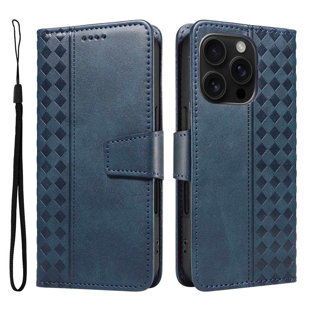 For iPhone 16 Pro Leather Case Wallet Stand Grids Imprinted Phone Cover with Strap - Blue