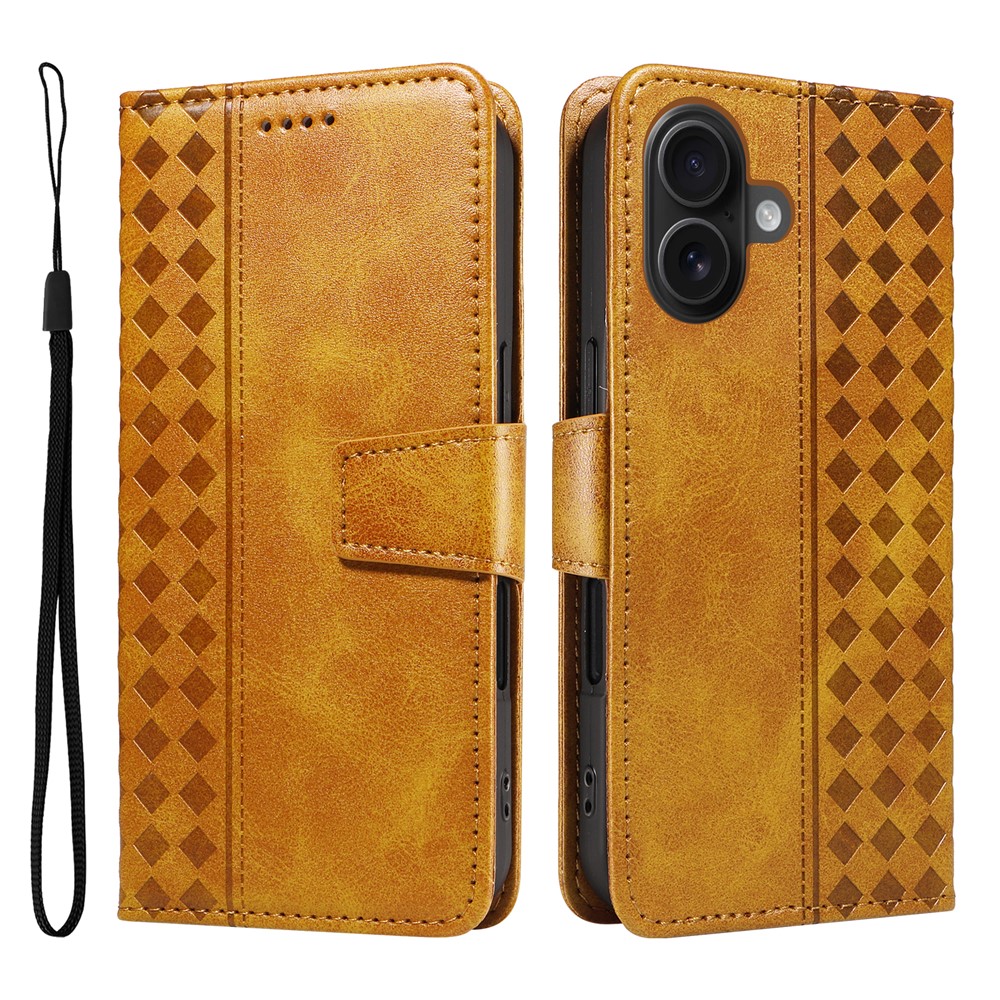 For iPhone 16 Leather Case Wallet Stand Grids Imprinted Phone Cover with Strap - Yellow