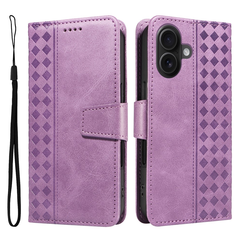 For iPhone 16 Leather Case Wallet Stand Grids Imprinted Phone Cover with Strap - Light Purple