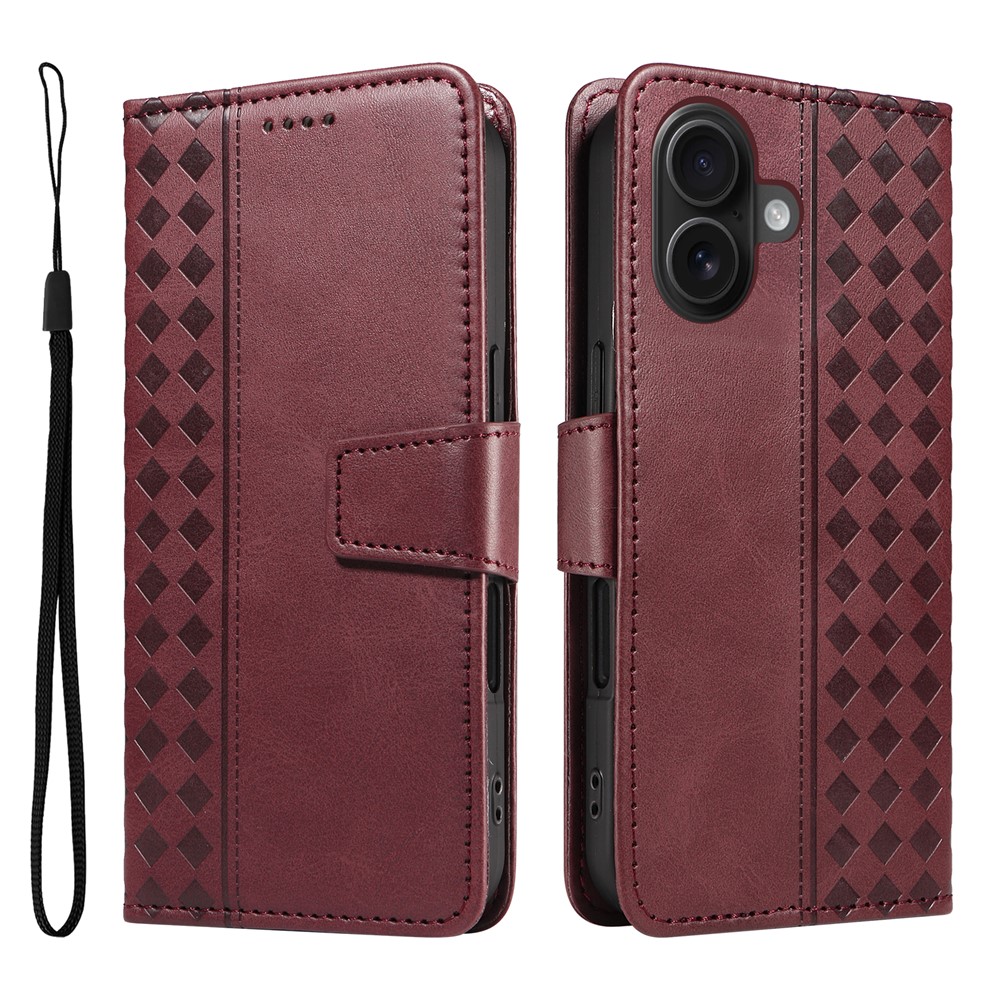 For iPhone 16 Leather Case Wallet Stand Grids Imprinted Phone Cover with Strap -  Wine Red