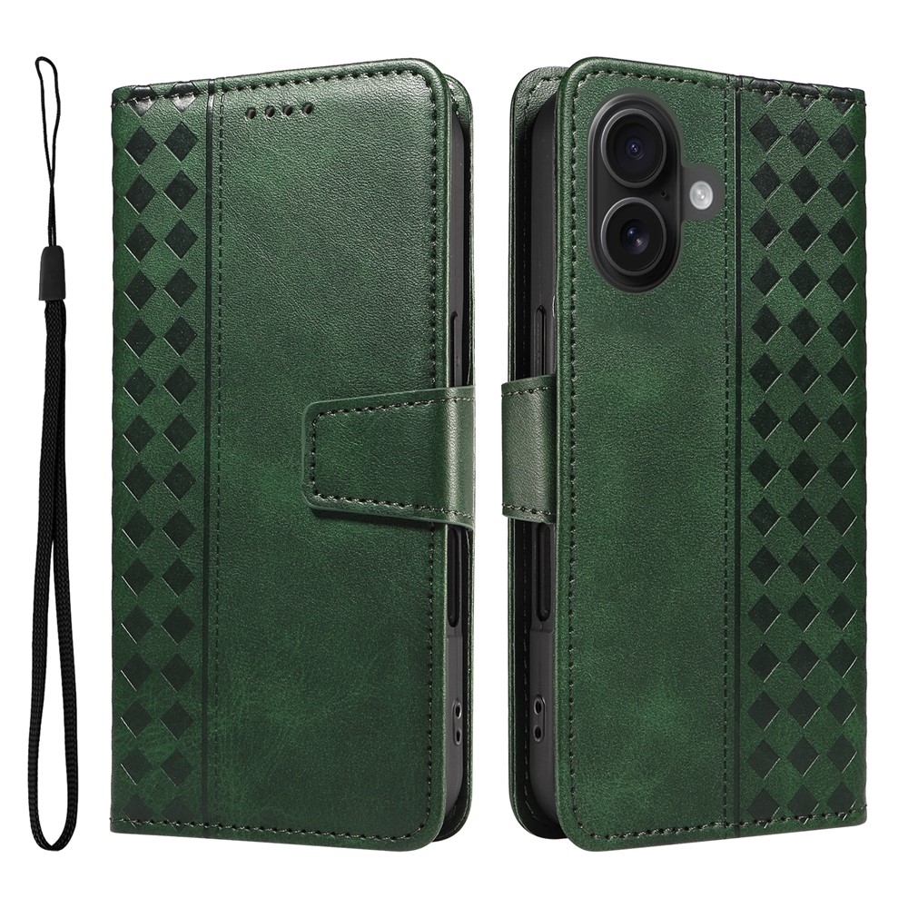 For iPhone 16 Leather Case Wallet Stand Grids Imprinted Phone Cover with Strap - Green