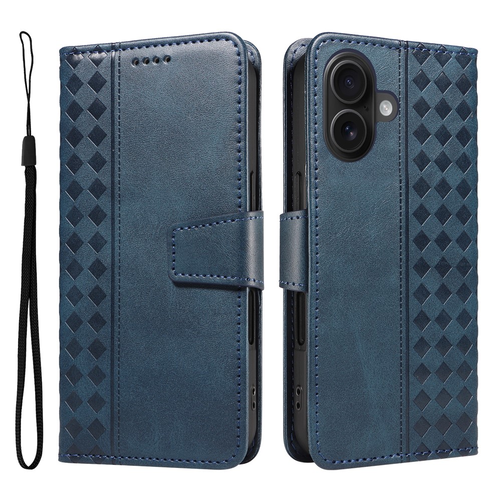 For iPhone 16 Leather Case Wallet Stand Grids Imprinted Phone Cover with Strap - Blue