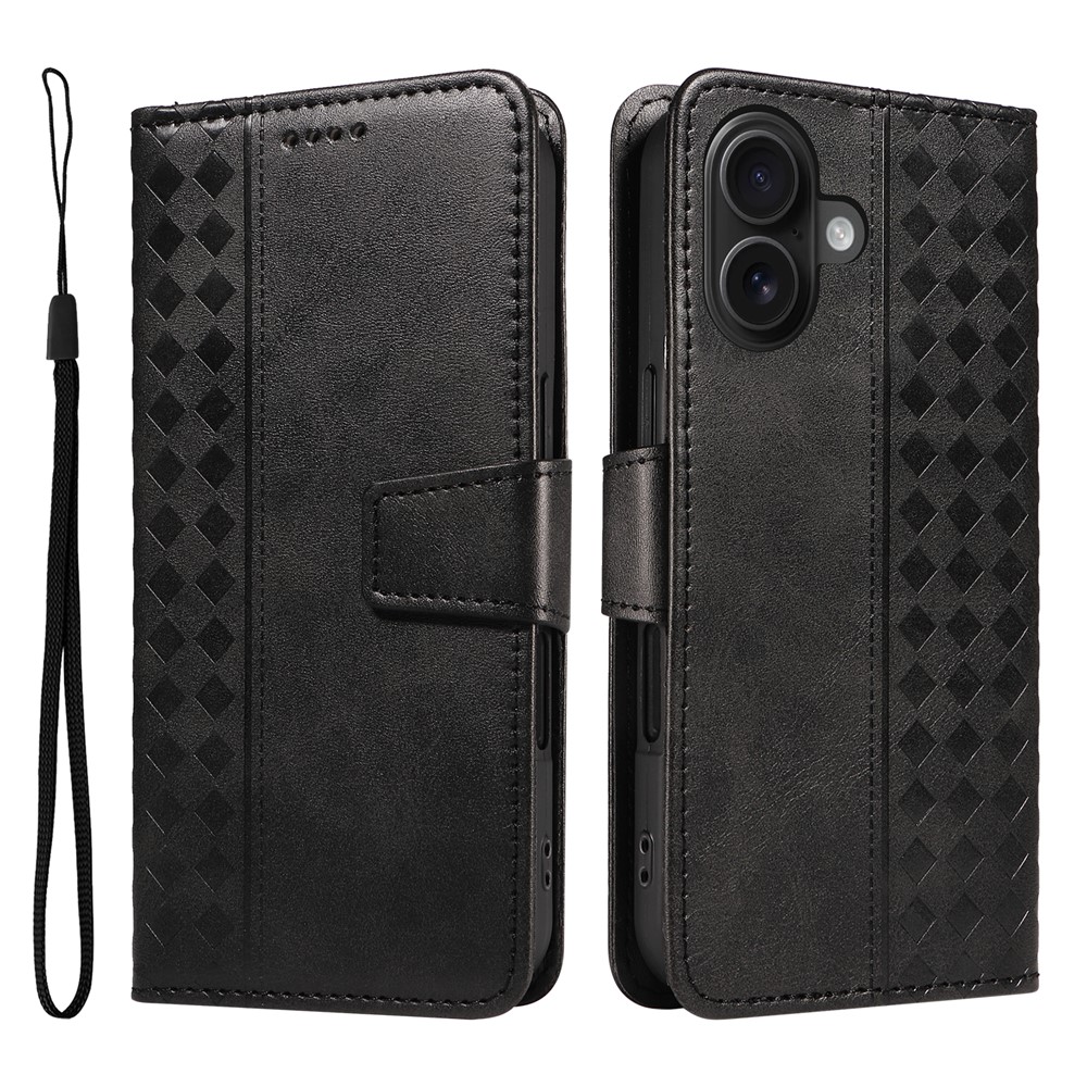 For iPhone 16 Leather Case Wallet Stand Grids Imprinted Phone Cover with Strap - Black