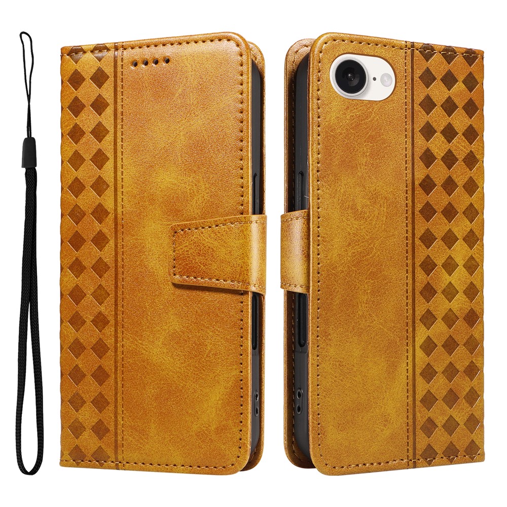 For iPhone 16e Leather Case Wallet Stand Grids Imprinted Phone Cover with Strap - Yellow