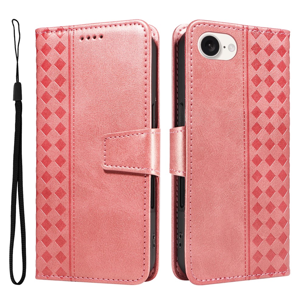 For iPhone 16e Leather Case Wallet Stand Grids Imprinted Phone Cover with Strap - Rose Gold