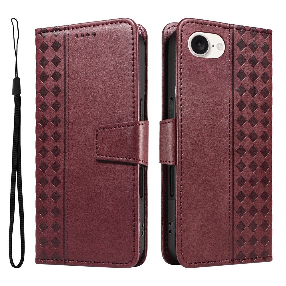 For iPhone 16e Leather Case Wallet Stand Grids Imprinted Phone Cover with Strap -  Wine Red