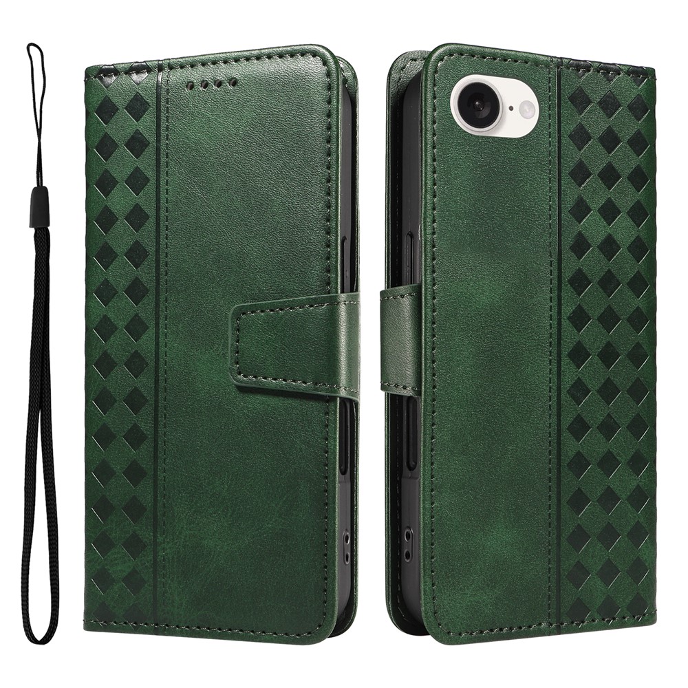 For iPhone 16e Leather Case Wallet Stand Grids Imprinted Phone Cover with Strap - Green