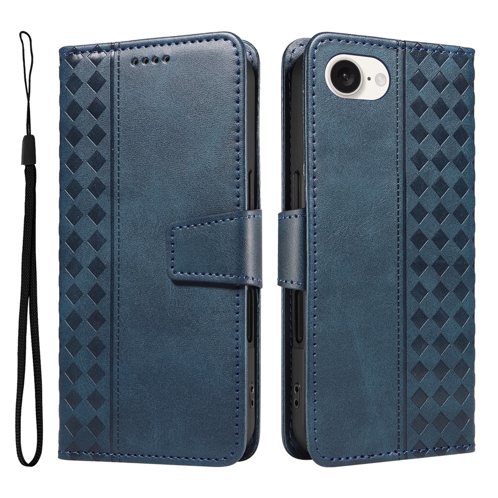 For iPhone 16e Leather Case Wallet Stand Grids Imprinted Phone Cover with Strap - Blue