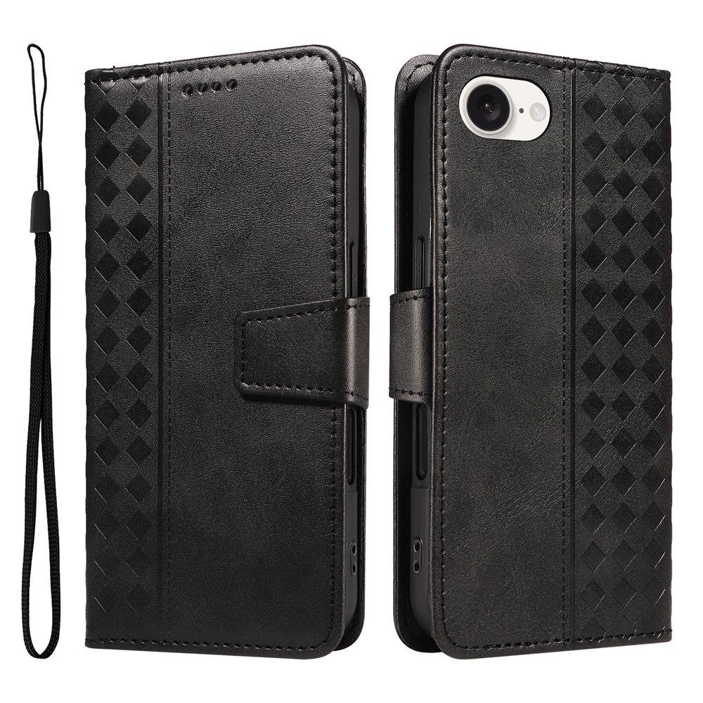 For iPhone 16e Leather Case Wallet Stand Grids Imprinted Phone Cover with Strap - Black