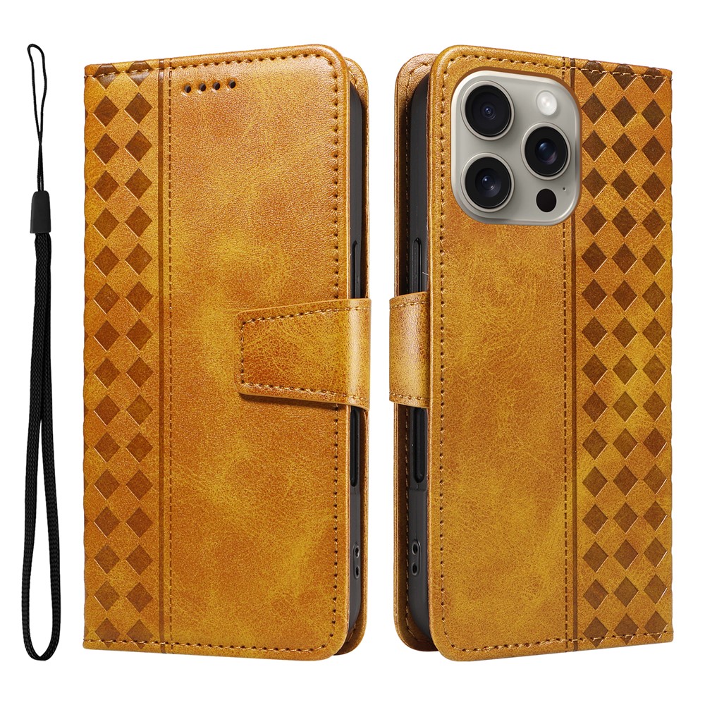 For iPhone 15 Pro Max Leather Case Wallet Stand Grids Imprinted Phone Cover with Strap - Yellow