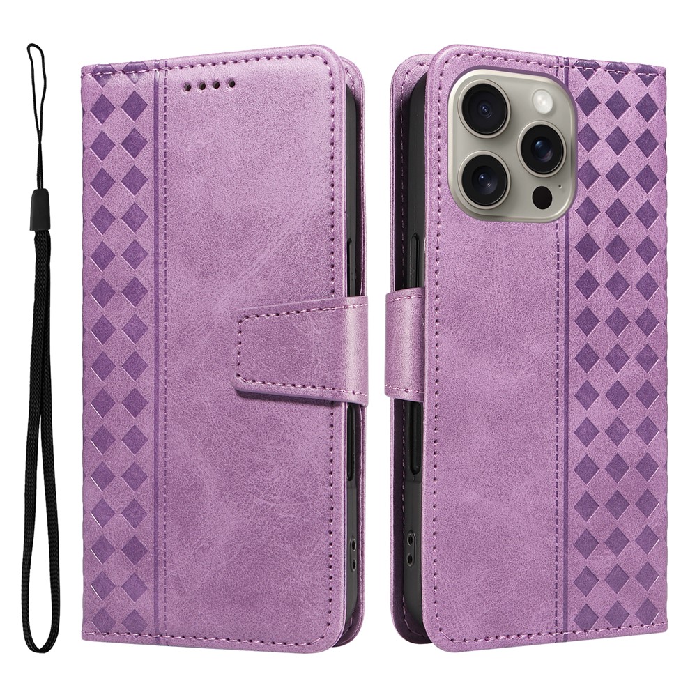 For iPhone 15 Pro Max Leather Case Wallet Stand Grids Imprinted Phone Cover with Strap - Light Purple