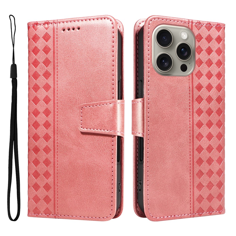 For iPhone 15 Pro Max Leather Case Wallet Stand Grids Imprinted Phone Cover with Strap - Rose Gold