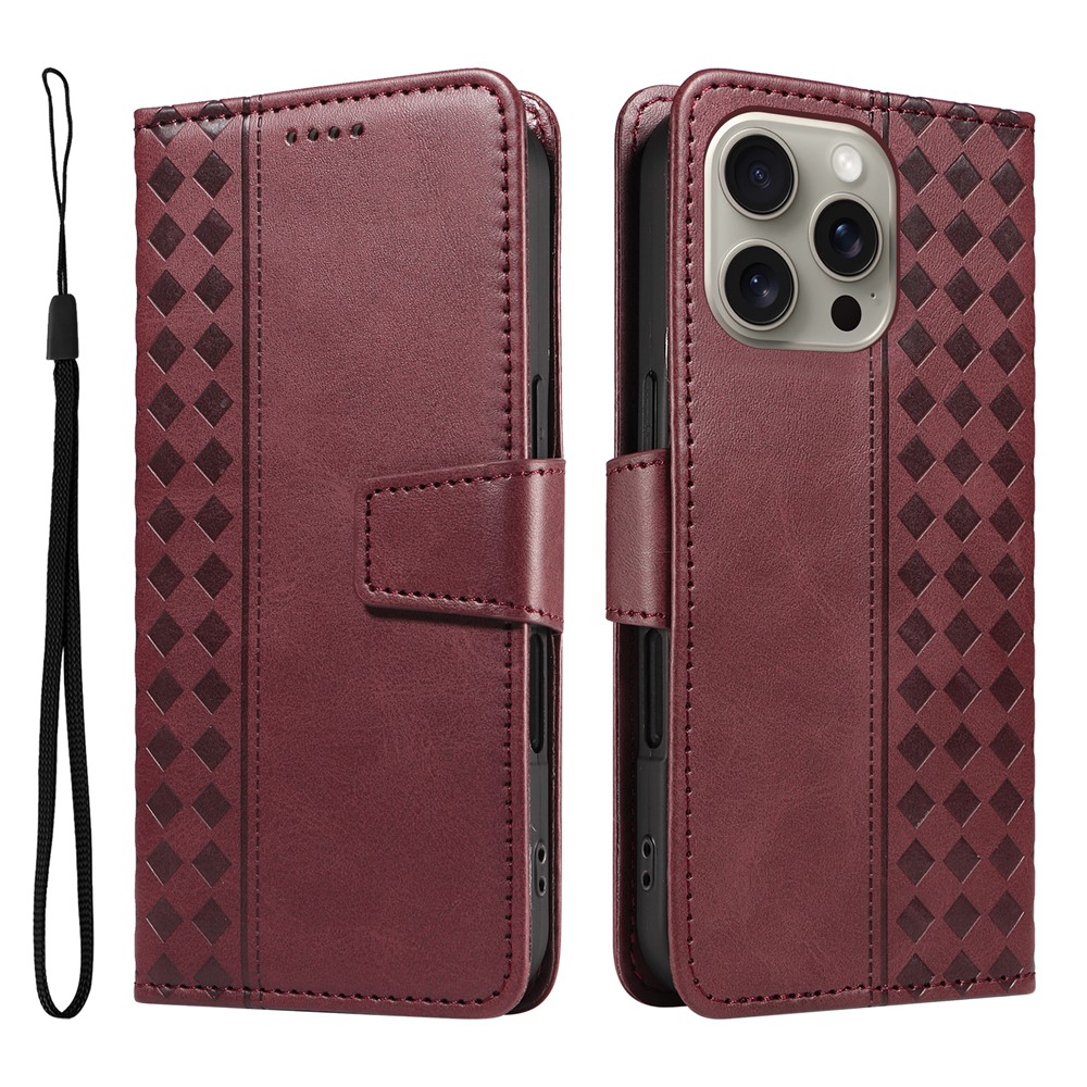 For iPhone 15 Pro Max Leather Case Wallet Stand Grids Imprinted Phone Cover with Strap -  Wine Red
