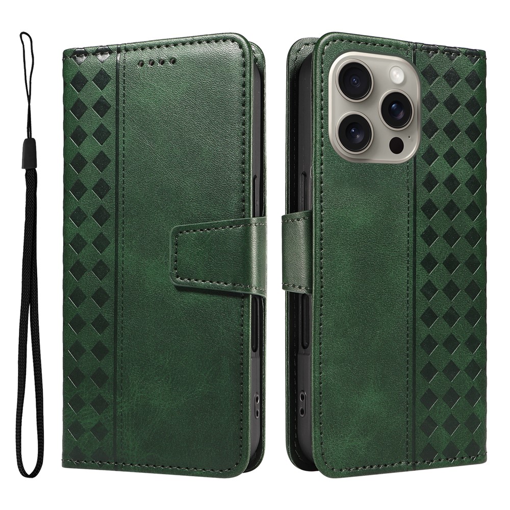 For iPhone 15 Pro Max Leather Case Wallet Stand Grids Imprinted Phone Cover with Strap - Green