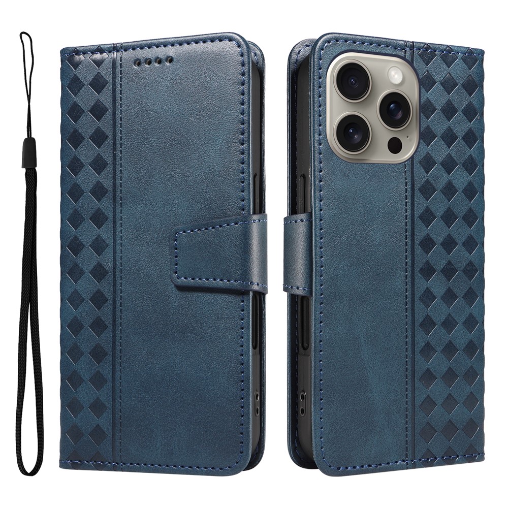 For iPhone 15 Pro Max Leather Case Wallet Stand Grids Imprinted Phone Cover with Strap - Blue