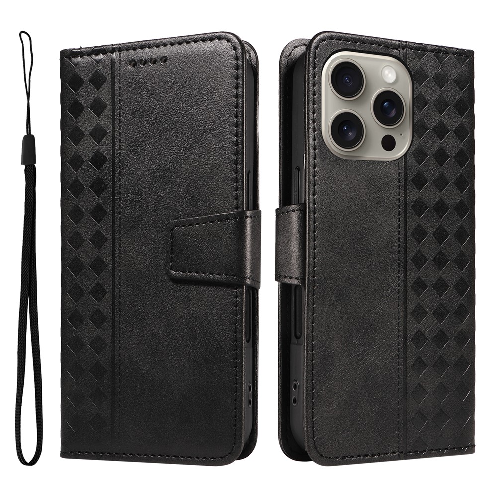 For iPhone 15 Pro Max Leather Case Wallet Stand Grids Imprinted Phone Cover with Strap - Black