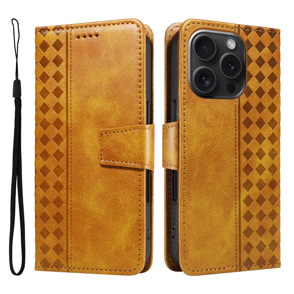 For iPhone 15 Pro Leather Case Wallet Stand Grids Imprinted Phone Cover with Strap - Yellow