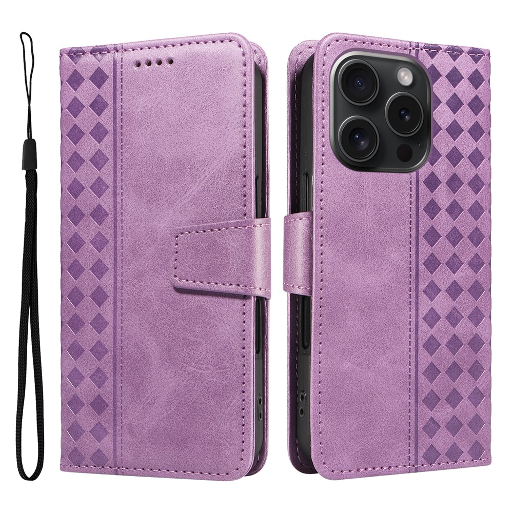 For iPhone 15 Pro Leather Case Wallet Stand Grids Imprinted Phone Cover with Strap - Light Purple