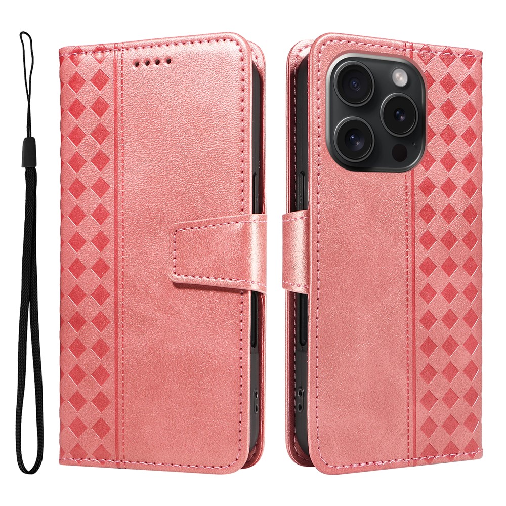 For iPhone 15 Pro Leather Case Wallet Stand Grids Imprinted Phone Cover with Strap - Rose Gold